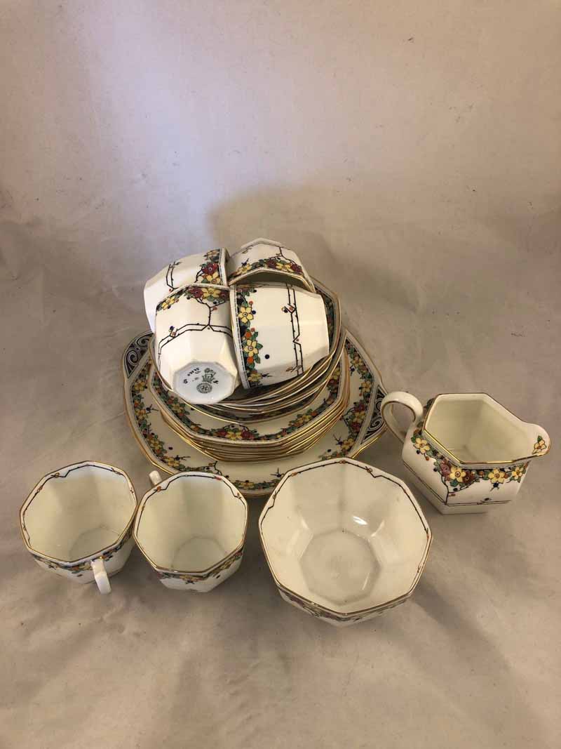 Royal Doulton Art Deco six setting coffee service with hand enamelled floral decoration and gilt