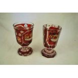 Two 19th century Teutonic or Bohemian ruby slip and gilt decorated Stem Glasses with solid foot 13cm