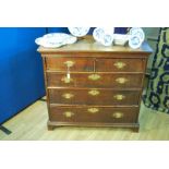 An early oak Chest of Drawers c1790, spandrels in drawer corners, 2 over 3