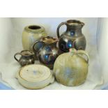 A graduated set of three Studio Pottery Jugs, plus three other items of Studio Pottery