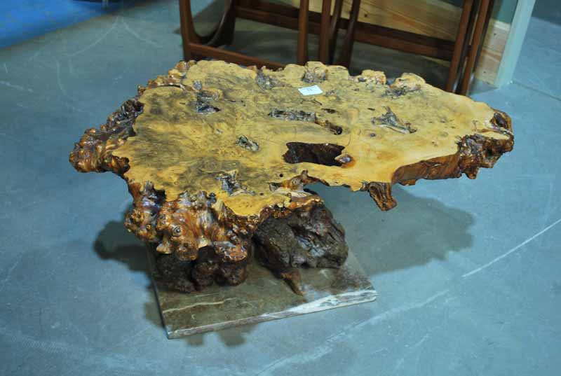 A 1960s designer burr wood Side Table on tree root base with marble plinth, 88cm L x 42cm H