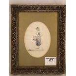 Unsigned, Regency watercolour of a lady in a summer bonnet with basket and walking stick, 12.5cm X