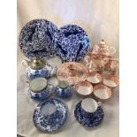 An assortment of tea ware including Mintons coral pattern, Copeland willow pattern and Crown derby