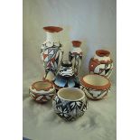 A collection of late 20th century Native American pottery from the Pueblo of Isleta, six of the