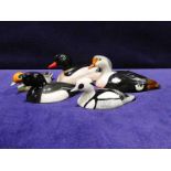 Beswick pottery, five Waterfowl, approved by Peter Scott; Goosander, King Eider, Tufted Duck, Smew