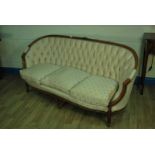 French Style walnut framed Sofa with deep buttoned back and feather cushions on scroll feet 180cm