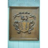 A 19th century carved oak Coat of Arms with banner and motto 'Gratitudo', 92cm X 82cm