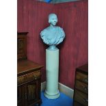 A 19th century Cast Plaster Bust of a lady, facing sinister, 75cm high, on column pedestal 110cm