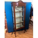 An Edward VII mahogany narrow display cabinet with painted harebell inlay and beaded glass door on