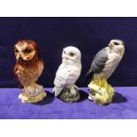 Three Beneagles Whisky Decanters; Snowy Owl, empty, Short Eared Owl and Merlin