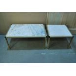 A pair of 1960s pink marble designer Side Tables on gold coloured box alloy frames, the