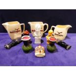 Three Bengalese ceramic Whisky Jugs, Rutherfords Robert Peel 5cl Decanter, two other ceramic Bust