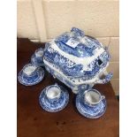 Spode large Tureen in Italian Blue design plus four Coffee Cans and six saucers