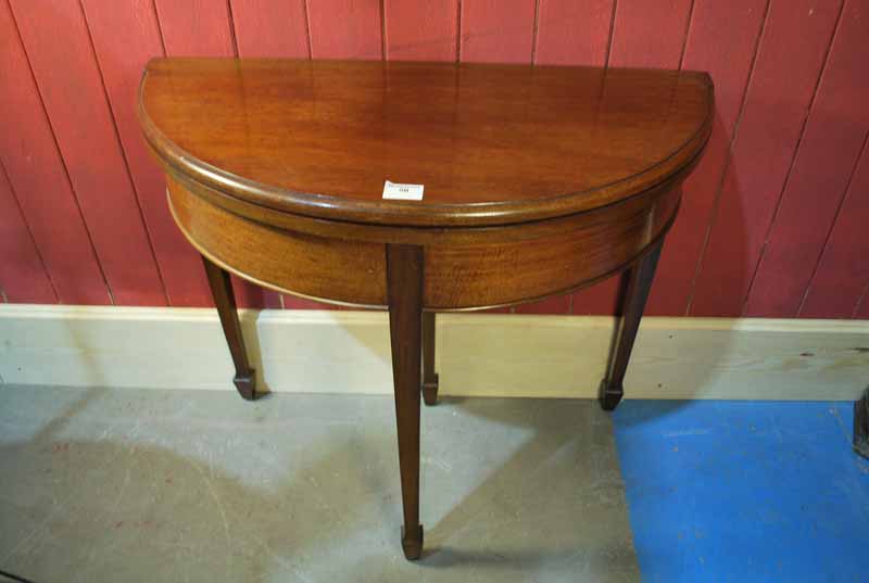 A 19th century style mahogany fold over top demi lune Card Table, typical form with green baise - Image 2 of 2