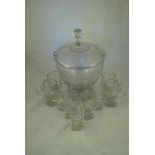 Late Victorian large Punch Bowl with nine matching Cups, stunning decoration in Swags, Falls and