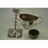 A Victorian hallmarked silver Sucrier, London 1883, plus small hallmarked silver rococo Candlestick,