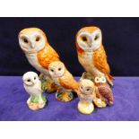 Beswick pottery, two Barn Owls, number 1046 and four small examples