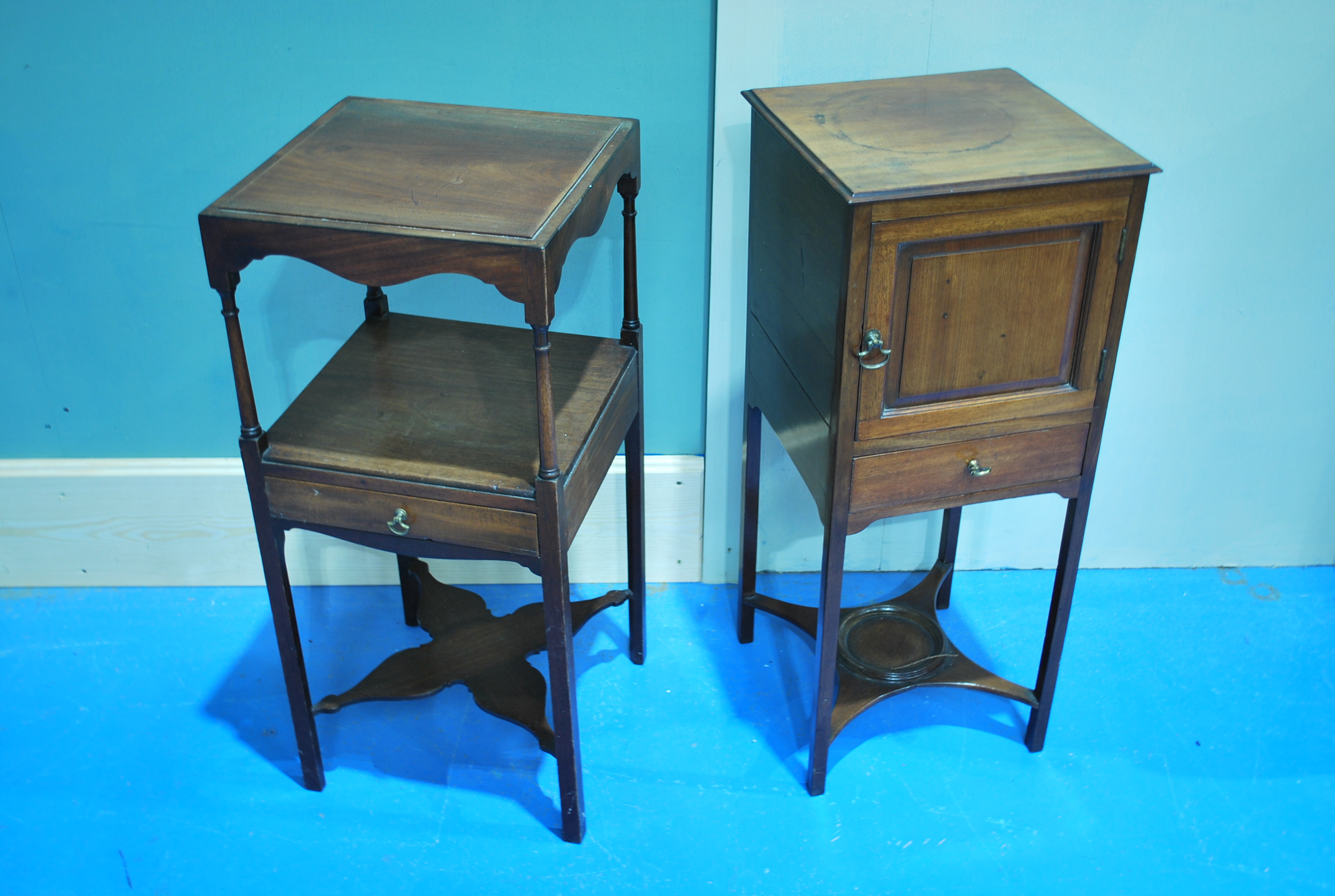 A George III mahogany night stand with pot cupboard candle drawer and cross stretcher 81.5cm