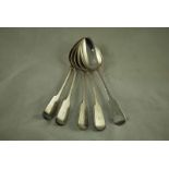 A set of five early Victorian fiddle pattern Serving Spoons, monogrammed A, London 1847, by Samuel