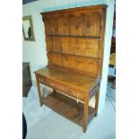 A George III style handmade oak Dresser with two shelf Plate Rack over a three drawer Pot Shelf,