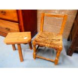 A pine three leg milking stool and a childs string seat chair