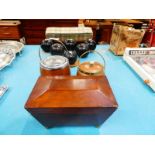 19th Century mahogany sarcophagus tea caddy, an oak biscuit barrel and copper ice bucket