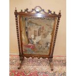 Gillows style rosewood Fire Screen with tapestry of Sir Walter Scott in his library, supported by