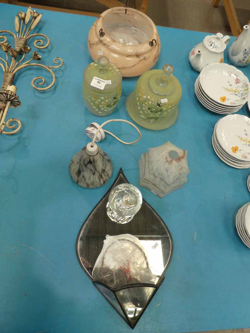 A mixed lot of early 20th Century glass including three Deco light shades, Cheese Bells, Lidded