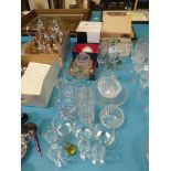 A collection of mixed glassware to include decanters, vases etc