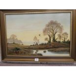 David Scott, winter heathland landscape with flying pheasant - signed oil on canvas