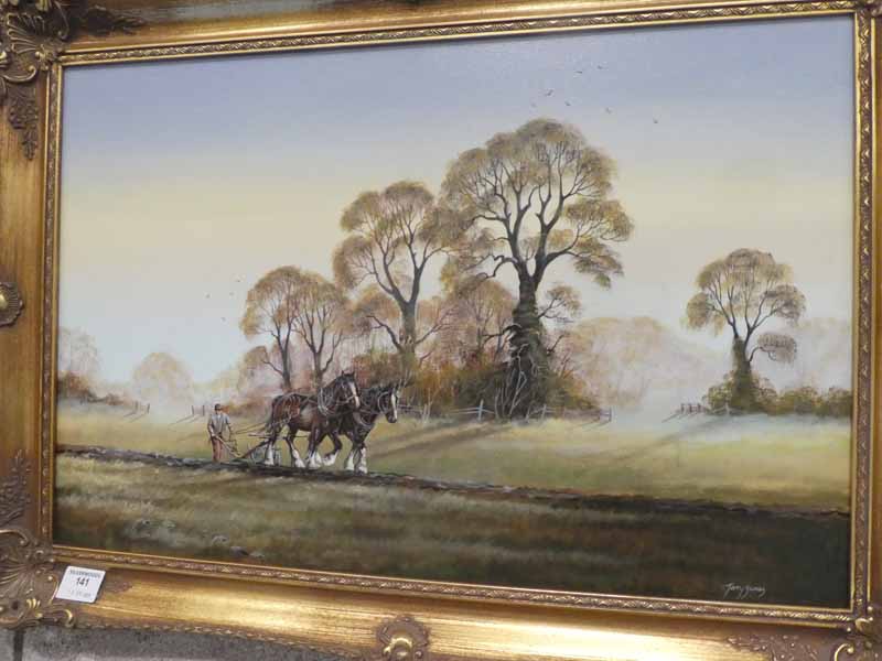 Terry James, agrarian landscape horse drawn ploughing scene - signed oil on canvas