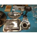 Seven items of silver plate including Elkington tureen, vases, quaich etc