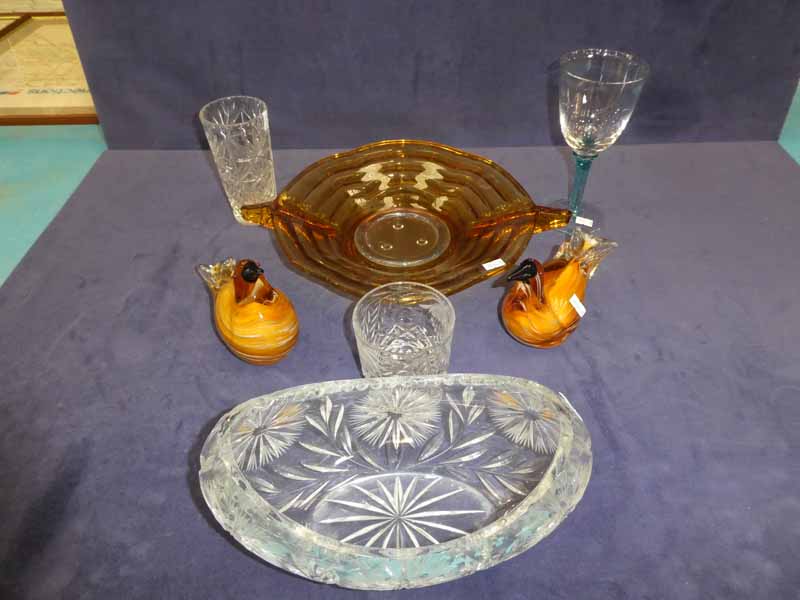 Eight items of studio and lead crystal cut glass to include amber glass fruit bowl and studio birds