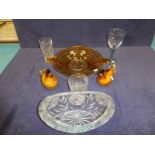 Eight items of studio and lead crystal cut glass to include amber glass fruit bowl and studio birds