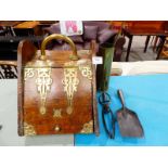 A late Victorian brass mounted coal box, trench art vase, poker, scissors and shovel