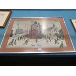 An L.S.Lowry colour print, street scene with figures and dogs