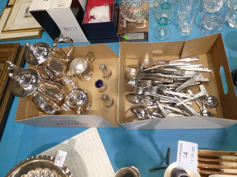 A collection of silver plated ware including a pedigree cutlery four piece coffee service
