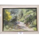 Lilian Arbury, oil on canvas, summer country lane scene and three watercolours
