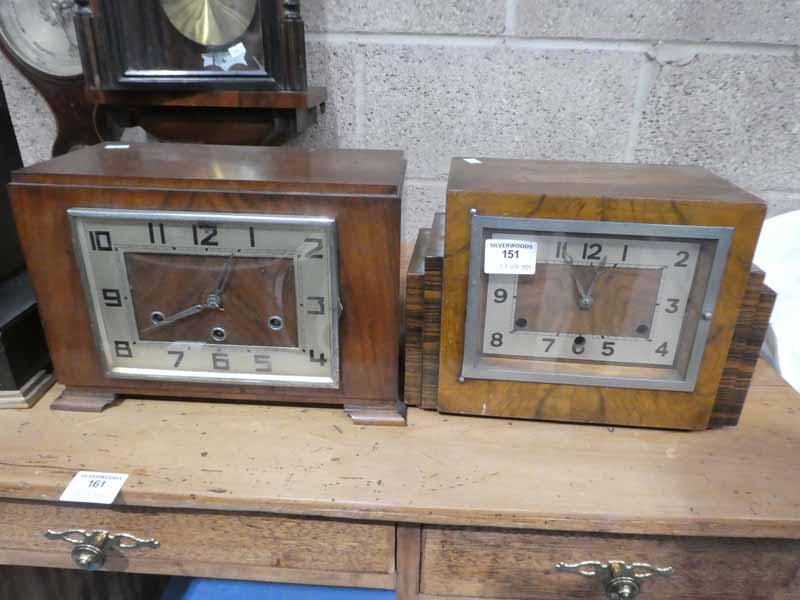 Two art deco walnut cased mantle clocks one with British anvil movement