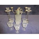 A claret jug, pair of crystal candlesticks, plated candelabra and six etched sherry glasses