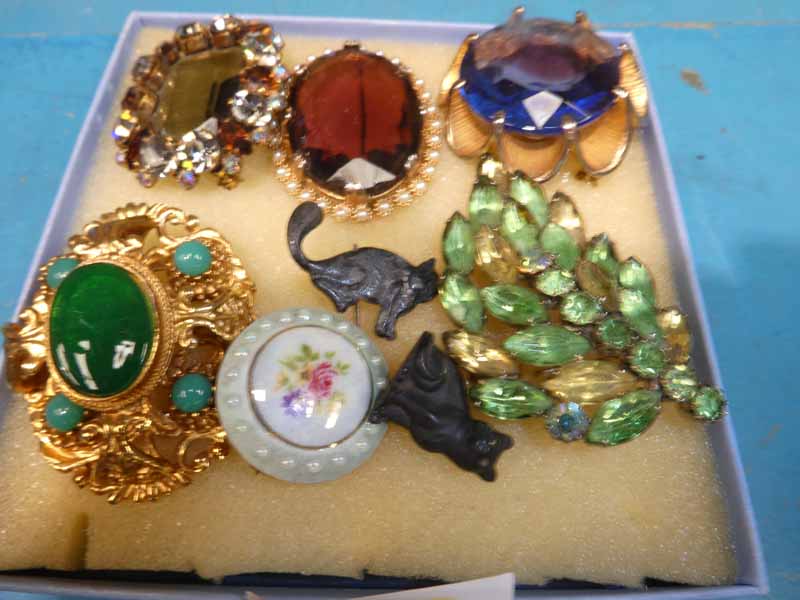 Six vintage costume Brooches, Black Cat Pin and Black Cat Charm