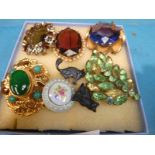 Six vintage costume Brooches, Black Cat Pin and Black Cat Charm