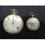 A silver plated stop watch and a ladies silver fob watch