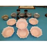 7 pink blancmange dishes, 5 studio glazed bowls, 3 lustre pieces and an onion glass vase