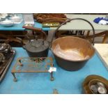 A copper preserve pan, copper kettle & brass trivet