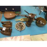 Twelve items of metalware to include Eccles miners lamp, flat irons, cribbage board, brass pan etc