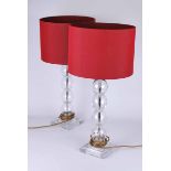 A pair of modern clear resin stacked sphere lamps with maroon shades (24in) 61cm H