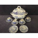 Spode large Tureen in Italian Blue design plus four Coffee Cans and six saucers