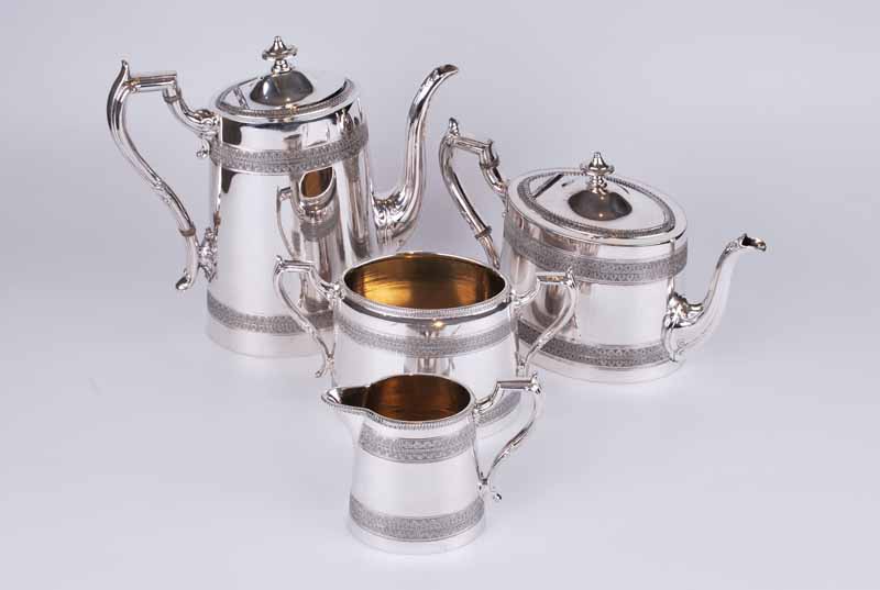 James Dixon & Sons silver plated four piece tea set with anthemion pattern banding 23cm H & smaller