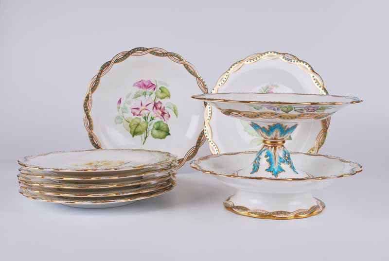 A Victorian Mintons hand painted botanical dessert service, comprising tazza, a pair of tazzae, - Image 3 of 4